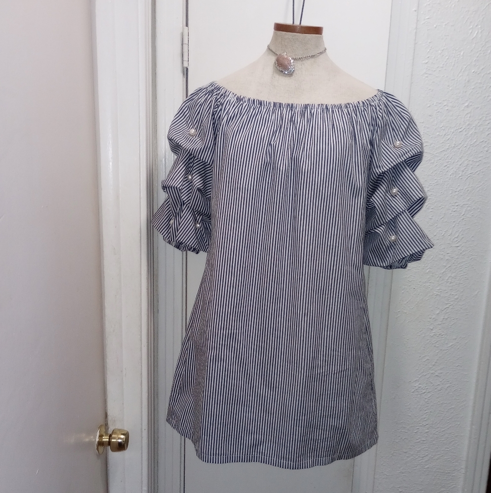 Vintage Mod x Off the Shoulder Drap Sleeves with Pearls Shirt Dress Size Medium
